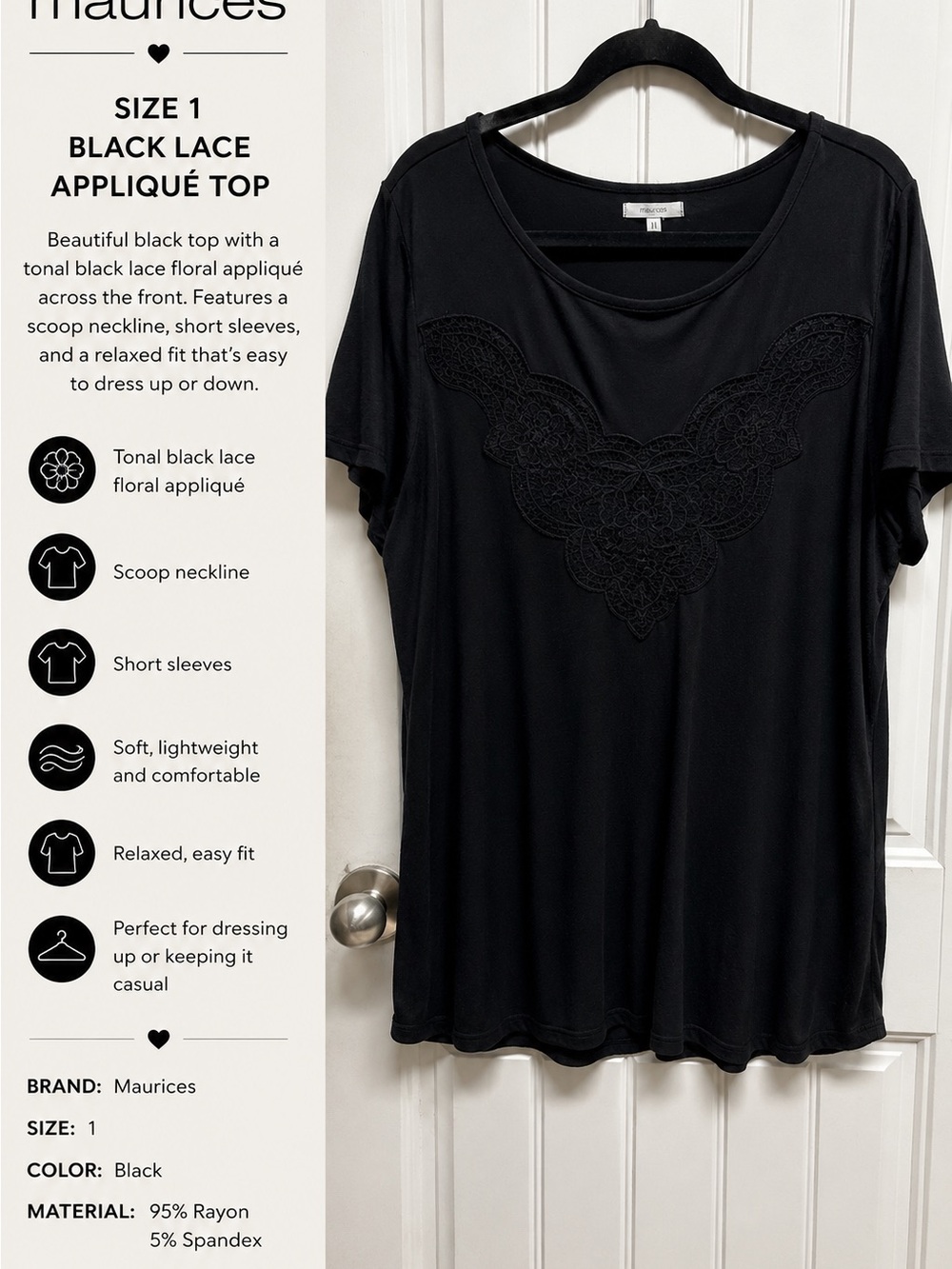 Maurices Black Short-Sleeve Scoop Neck Top with Lace Appliqué